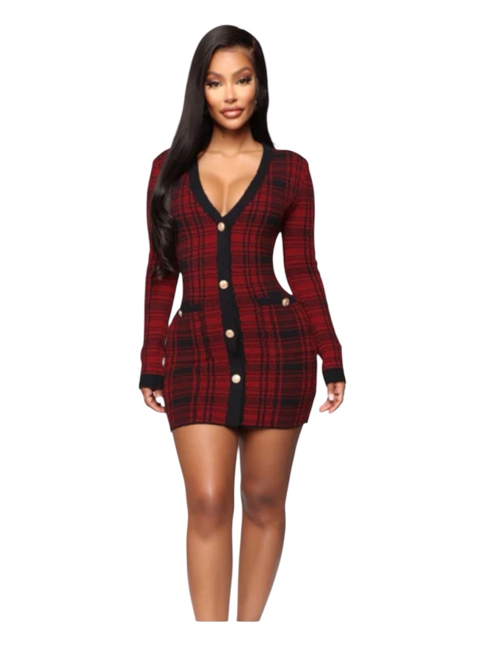 Red/Black Power Hour Plaid Mini Dress with Gold Buttons Sz L